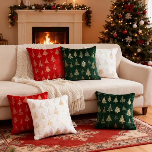 Red Christmas Tree Throw Pillow Covers 24x24 Inch Set of 2 Decor Cushion Cases for Holiday Home Decor
