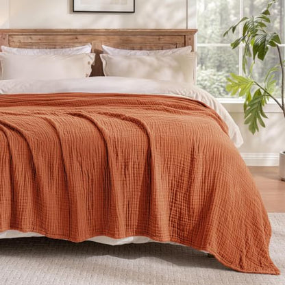 Cotton Muslin Blanket Twin Size 6-Layer Breathable Cooling Bed Cover - Burnt Orange