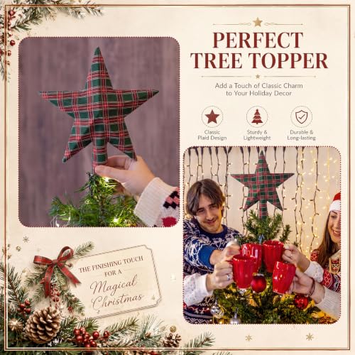 7.9 Inch Christmas Green Red Tartan Plaid Star Tree Topper - Rustic Holiday Decor