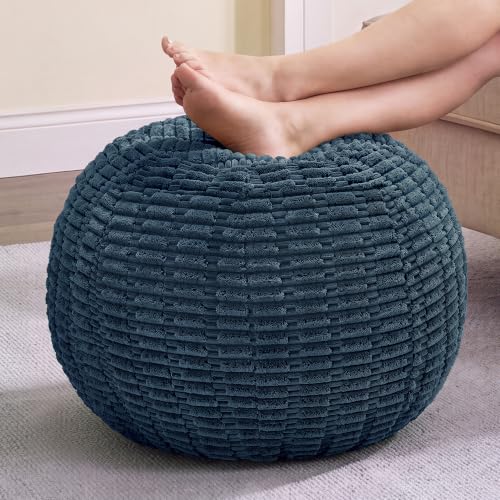 Small Round Blue Grey Tufted Ottoman Footrest for Living Room