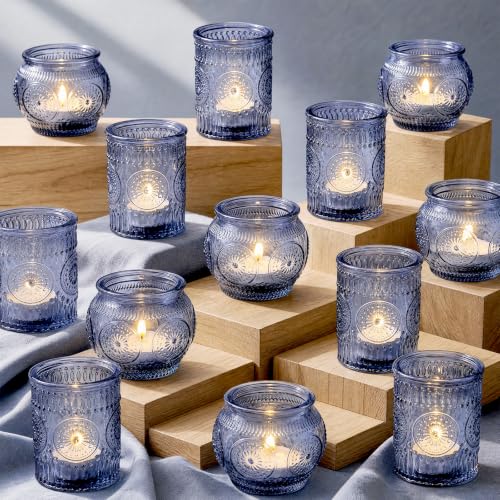 Blue Votive Candle Holders Set - 24 Pack with Vintage Sunflower Pattern