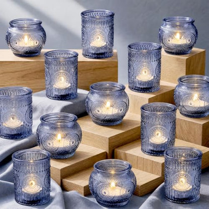 Blue Votive Candle Holders Set - 24 Pack with Vintage Sunflower Pattern