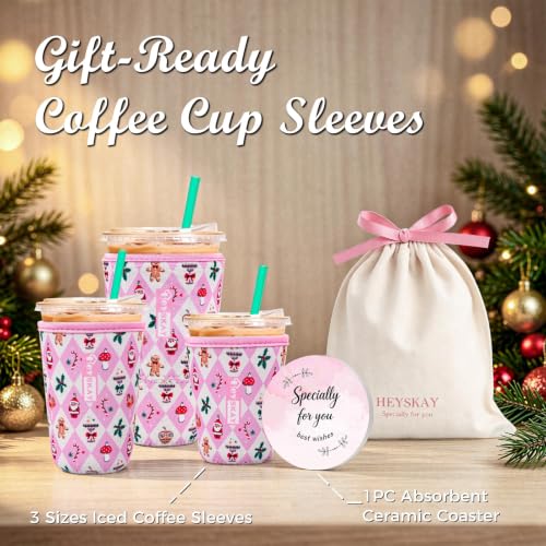 Coffee Cup Sleeve Set for 16-32oz Drinks with Christmas Theme and Coasters - Includes 3 Sleeves, Gift Bag & Ceramic Coaster (Variation: Check Christmas-for 16-32oz Coffee Cup)