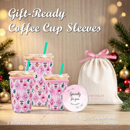 Coffee Cup Sleeve Set for 16-32oz Drinks with Christmas Theme and Coasters - Includes 3 Sleeves, Gift Bag & Ceramic Coaster (Variation: Check Christmas-for 16-32oz Coffee Cup)