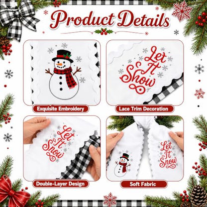 Christmas Wreath Sash Set - Black White Plaid & Embroidered Snowmen, Rustic Holiday Decor - Black White Plaid / 1 Set