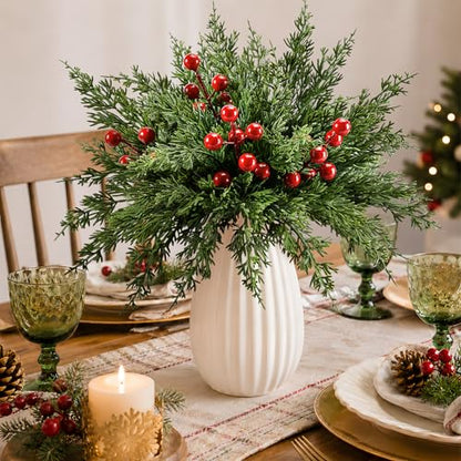 26PCS Artificial Christmas Pine Branches with Red Berry Stems - Holiday Decor
