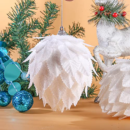 Set of 4 White Christmas Tree Ornaments - Pinecone & Glitter Decor