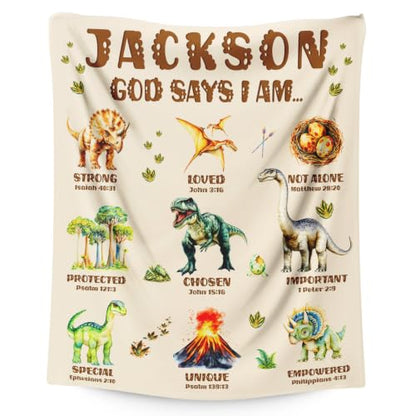 Personalized Dinosaur Blanket for Boys - Christian God Says I Am - Beige, 50x60 Inches
