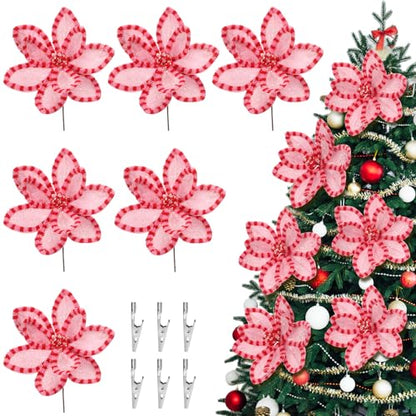 Pink Poinsettia Stem Set with Clips - 6 Pieces for Christmas Tree Decor - Pink Dot