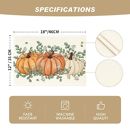 12x18 Inch Fall Placemats Set of 6 - Orange Pumpkin Eucalyptus Seasonal Table Decor