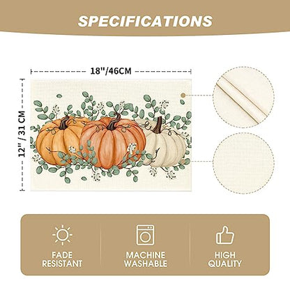 12x18 Inch Fall Placemats Set of 6 - Orange Pumpkin Eucalyptus Seasonal Table Decor