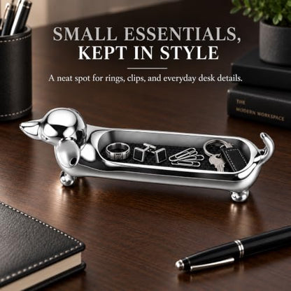 Magnetic Dachshund Desk Caddy - Silver Sculptural Dog Organizer & Decor