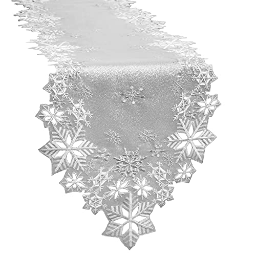Christmas Snowflake Embroidered Silver Table Runner 14x108 Inches - Winter Holiday Decor