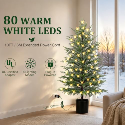 2-Pack 4FT Prelit Norfolk Pine Christmas Trees with LED Lights - Real Touch Artificial Cedar for Indoor Outdoor Decor