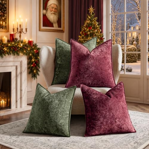 Classic Christmas Velvet Throw Pillow Covers 18x18 Inch Set of 4 - Ice Flower Texture