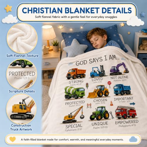 God Says I Am Construction Truck Throw Blanket for Boys - Christian Bible Verse Kids Bedding - 40x50 Inches - Religious Gift for Boys Variation of THIS listing