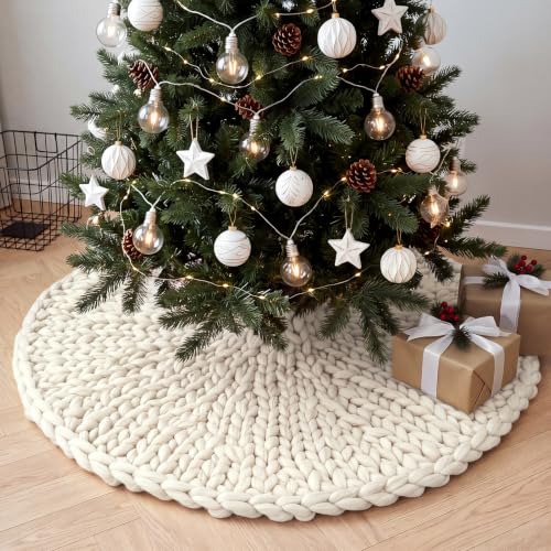 Christmas Tree Skirt Ivory White 48 Inch Chunky Knit Holiday Decor