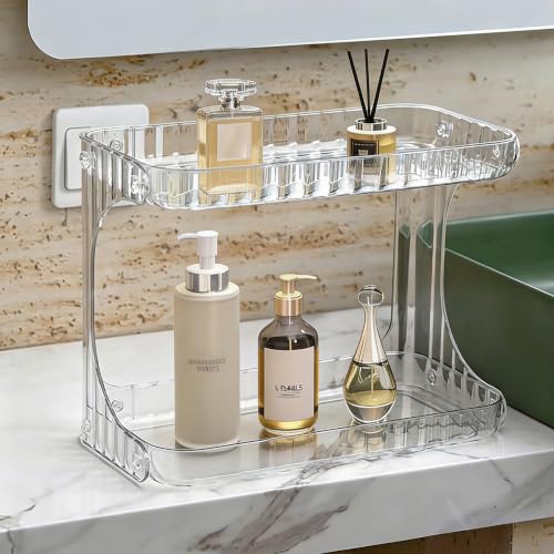 Small Bathroom Counter Organizer with 2 Layers, Waterproof Makeup and Skincare Storage Shelf