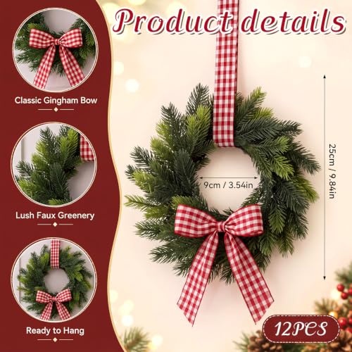 12 Pcs Mini Christmas Wreaths for Cabinets with Gingham Bow - Farmhouse Decor