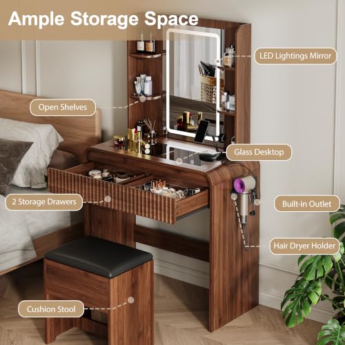 Walnut Makeup Vanity Desk with Mirror and Lights, 2 Drawers & Stool - Variation Walnut / 31.69 INCH