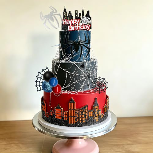 46Pcs Spider Cake Toppers Set - Black Red Silver Yellow City Theme Decorations