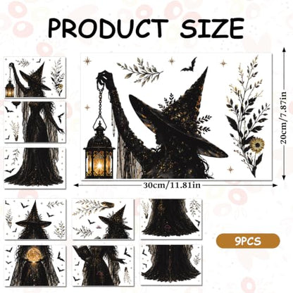 Halloween Witch Static Window Clings Stickers - Indoor Decor, Reusable & Spooky, 9 Pcs - Witch Variation