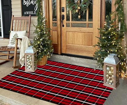 Christmas Outdoor Rug 3x5 ft Red Black Buffalo Check Front Porch Mat - Layering Decor