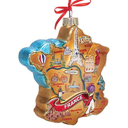 France Map Glass Ornament with Landmarks - Holiday Decor, 4.75 Inch