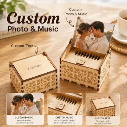 Personalized Wooden Music Box with Photo & Text - Design 01 - Romantic Gift