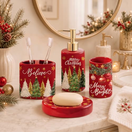 Christmas Ceramic Bathroom Accessories Set - Red Merry Christmas Variation