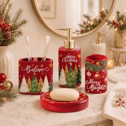 Christmas Ceramic Bathroom Accessories Set - Red Merry Christmas Variation