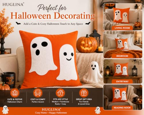 Halloween Ghost Throw Pillow 18x18 Inch with Insert - Orange Embroidered Decor