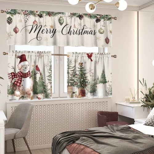 Christmas Snowman Kitchen Curtain Set with Valance and Panels - Variation of Xmas Snowman Cardinal / 27.5"W x 24"L