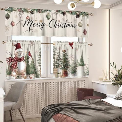 Christmas Snowman Kitchen Curtain Set with Valance and Panels - Variation of Xmas Snowman Cardinal / 27.5"W x 24"L