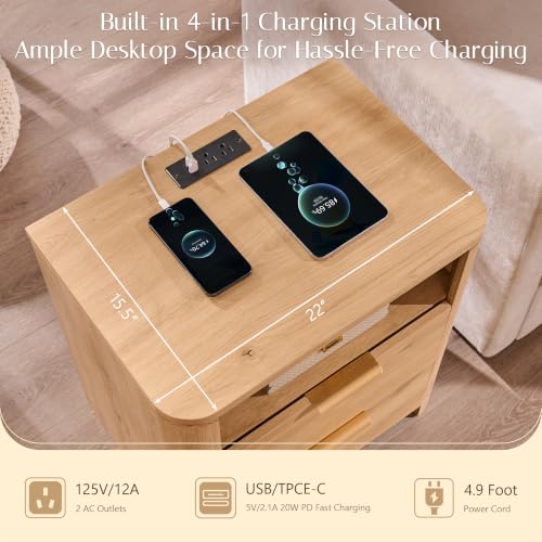 24" Tall Nightstand with Charging Station - 2 Drawers + Open Shelf, Natural (22" W x 15" D x 24" H)