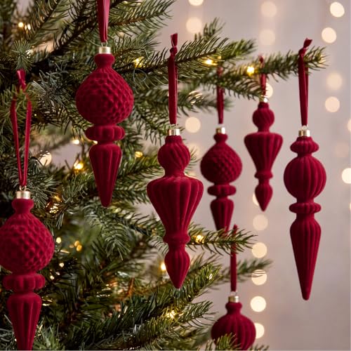 8 Pcs Burgundy Velvet Finial Christmas Tree Ornaments - Elegant Holiday Decor