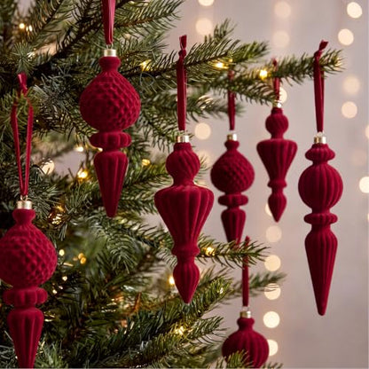 8 Pcs Burgundy Velvet Finial Christmas Tree Ornaments - Elegant Holiday Decor