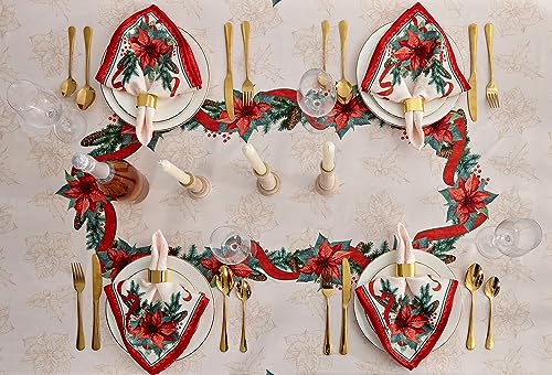 Christmas Poinsettia Ribbon Tablecloth 52 x 70 Inch Holiday Decor - Red & Green