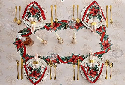 Christmas Poinsettia Ribbon Tablecloth 52 x 70 Inch Holiday Decor - Red & Green