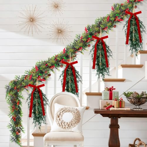 4 Pack Christmas Cedar Teardrop Swags with Velvet Ribbons & Bells - Burgundy