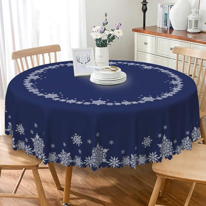 Christmas Round Tablecloth 42 Inch Navy Blue Snowflakes Circular Washable Fabric Holiday Decor Variation