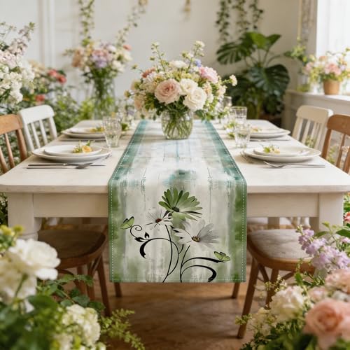 Sage Green Chenille Table Runner 13 x 90 Inches Waterproof Rustic Dining Decor
