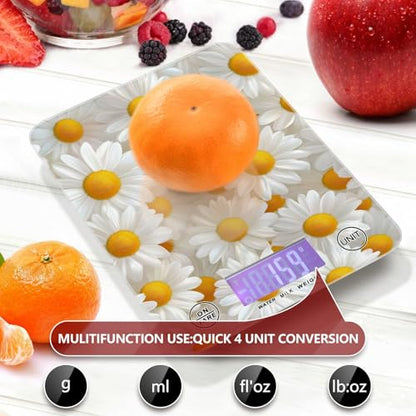 QwThum Food Scale Kitchen Digital Scale Food Ounces and Grams Dieting Baking Cooking Waterproof Glass Panels LCD Display,4 Units Scale Tare Function Daisy White