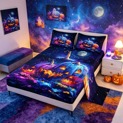 Neon Glow Pumpkin Bed Sheets Set King Size Kids Boys Girls - Blue Orange Black Variation
