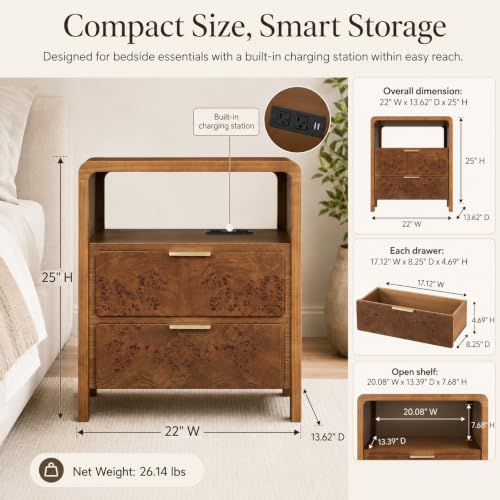 Burl Finish Nightstand with USB-C & 2 AC Outlets, 2-Drawer Bedside Table - Brown