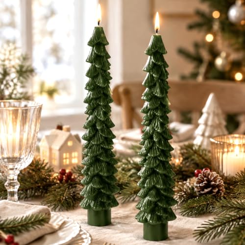 MTLEE 2 Pack Green Christmas Tree Taper Candles - 10 Inch Unscented Holiday Decor