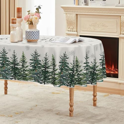 Horaldaily Christmas Tablecloth 60 x 84 Inch Oval Snow Trees White - Holiday Decor