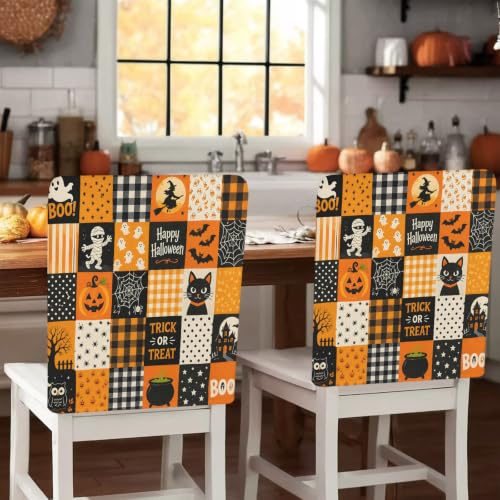 Halloween Chair Cover Set of 4 Boo Spooky Pumpkin Stretch Slipcovers Orange Black