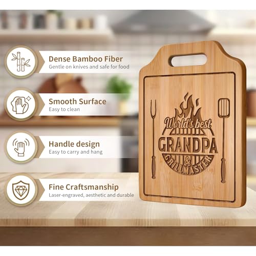 Grandpa Gifts Grill Master Engraved Bamboo Cutting Board - World's Best Grandpa - 12.3" x 8.7"