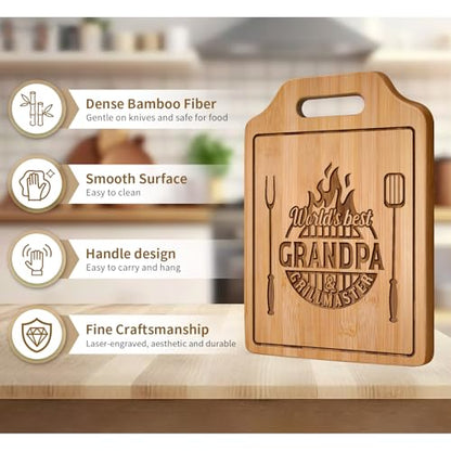 Grandpa Gifts Grill Master Engraved Bamboo Cutting Board - World's Best Grandpa - 12.3" x 8.7"